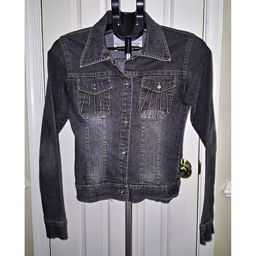 VTG Comfort Denim Jacket Womens Medium Acid Wash Black Y2K Rhinestone Buttons M
